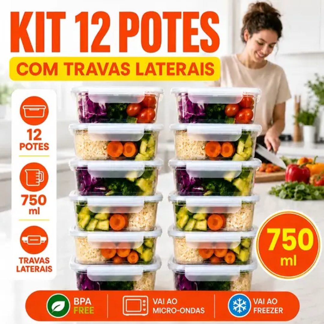 Kit com 12 Potes Marmita Reutilizável Freezer 750ml