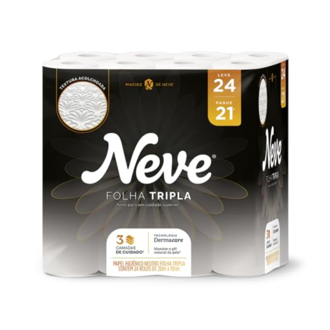 24 Rolos de Neve Papel Higiênico Folha Tripla Leve