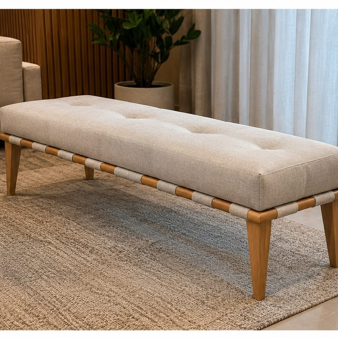 Recamier Luxo Madeira Maciça Valentin Linho Bege Claro