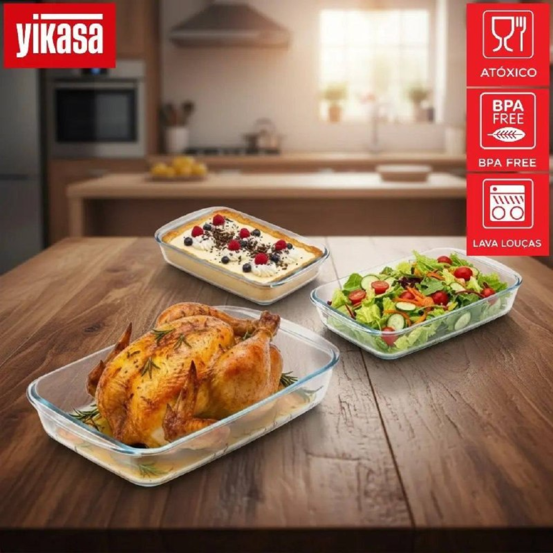 Kit 3 Travessas Retangulares De Vidro Borossilicato 1l, 1.6l E 2.2l Yikasa