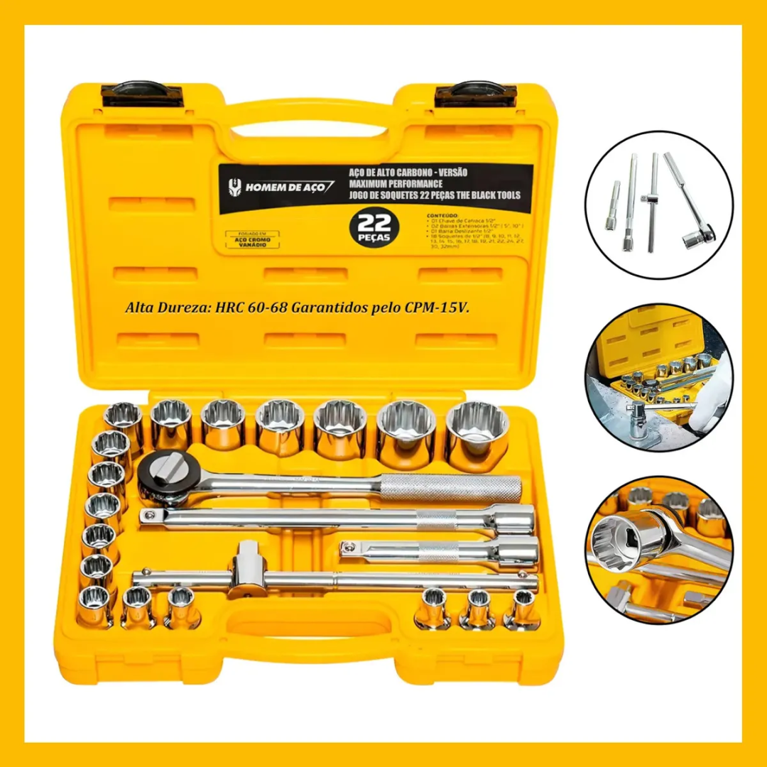 Kit22 Soquete Pro Manual Chave Catraca Reversível 8-32mm Amarelo