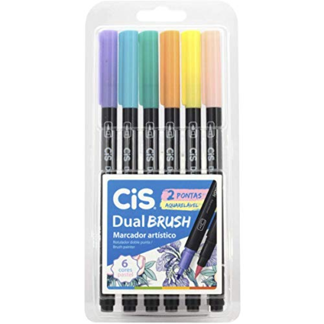 Caneta pincel dual Brush Aquarelável com 6 cores Pastel Cis