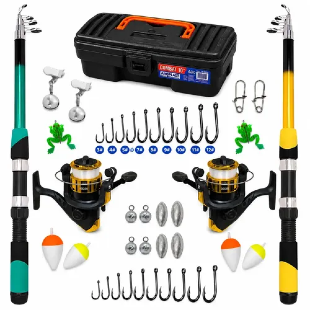 Kit com 2 Varas + 2 Molinetes + 1 Maleta + 2 Guizos + 2 Iscas
