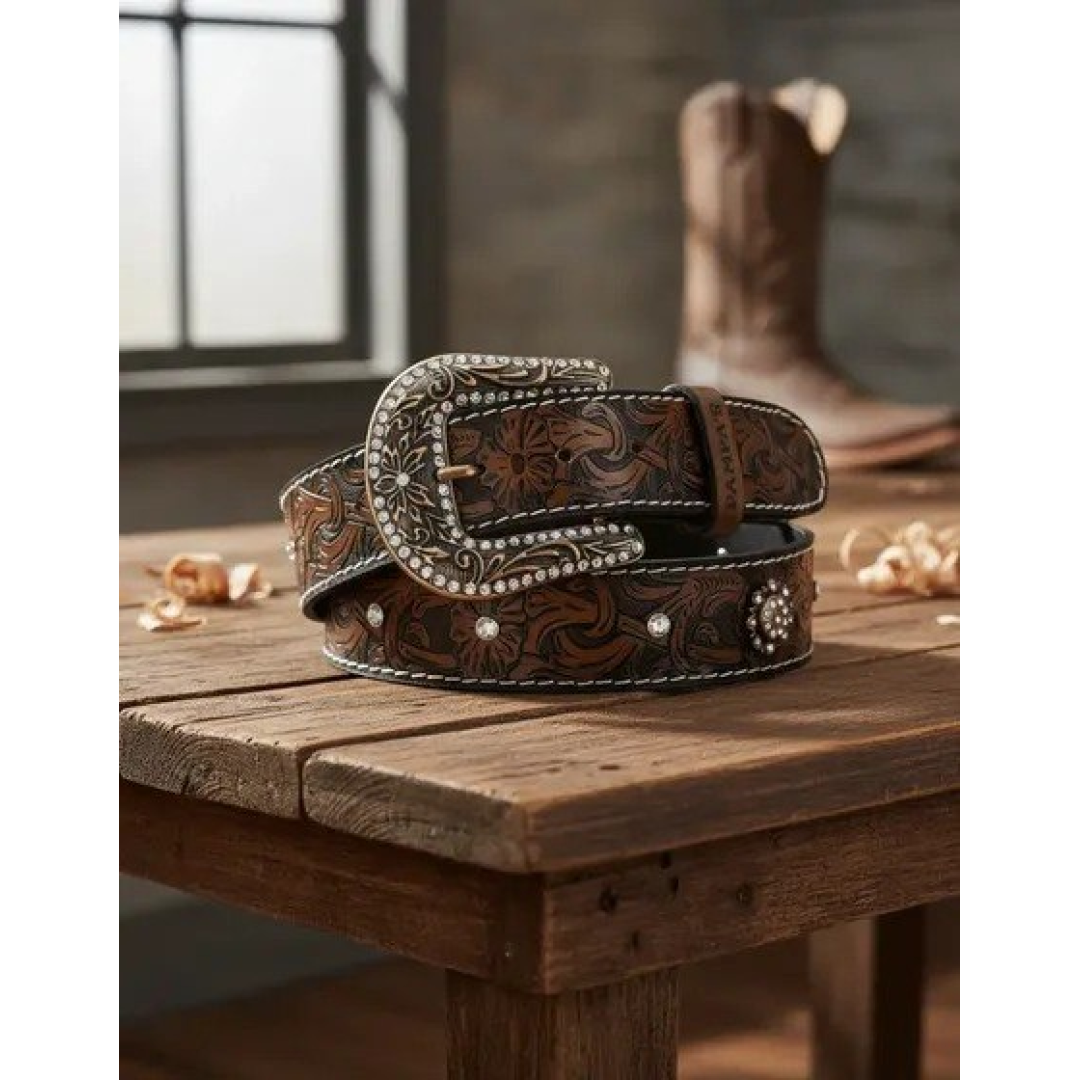 Cinto Country Feminino Detalhes Metal Floral Fivela Strass