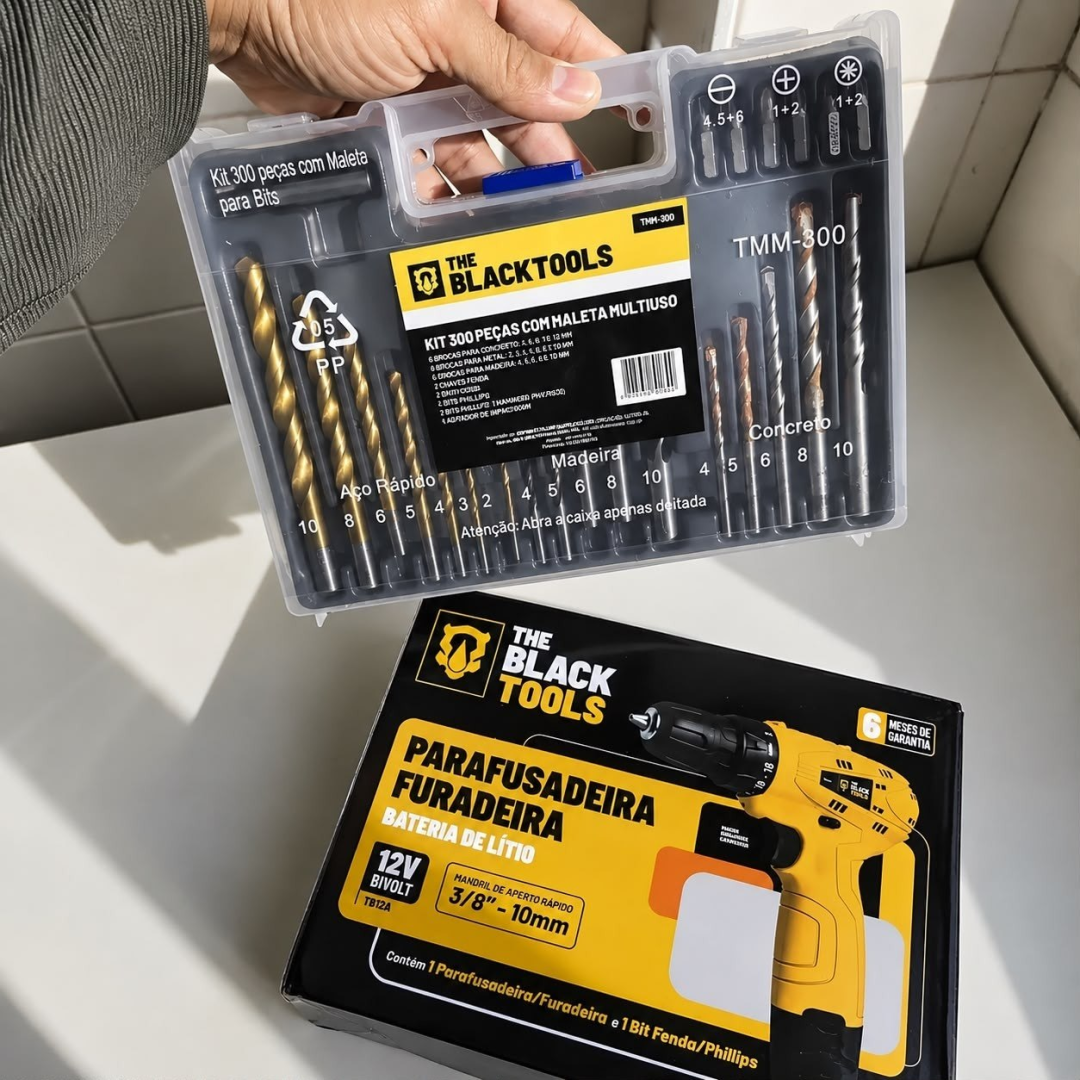 Parafusadeira Furadeira The Black Tools + Jogo de Brocas E Buchas 300 Peças 127/220v
