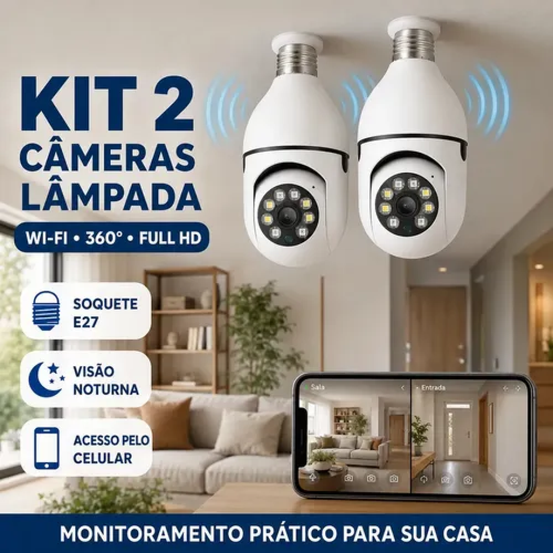 Kit com 2 Câmeras de Segurança Lâmpada Wi-Fi FHD 1080p