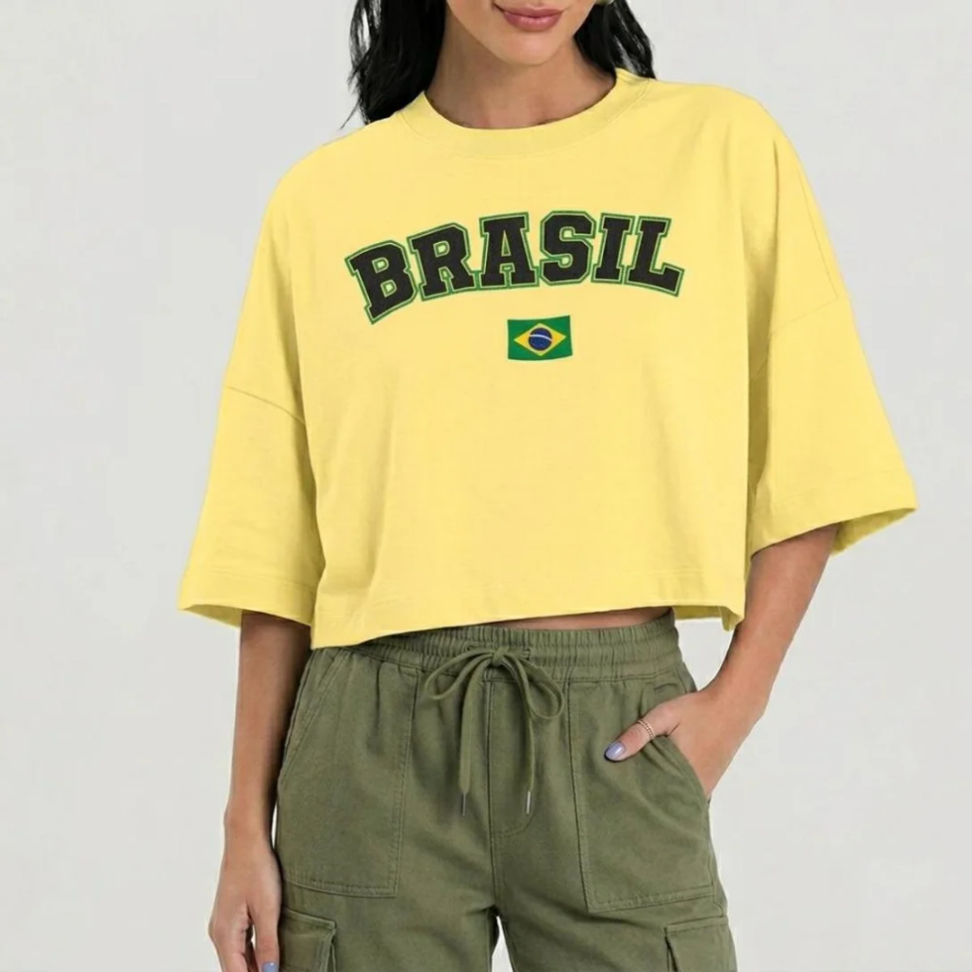 T-Shirt Feminina Brasil em Meia Malha Dianna - Amarelo