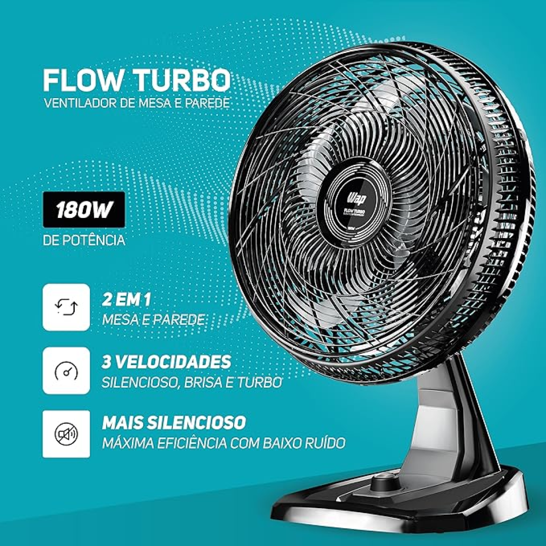 WAP Ventilador de Mesa e Parede 50cm FLOW TURBO, Tecnologia Silenciosa e Econômica, 8 Pás e 3 Velocidades, 180W 127V
