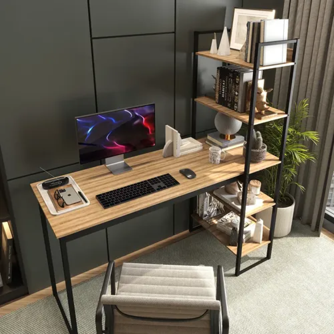 Mesa Escrivaninha Industrial Laminado Com 5 Prateleiras