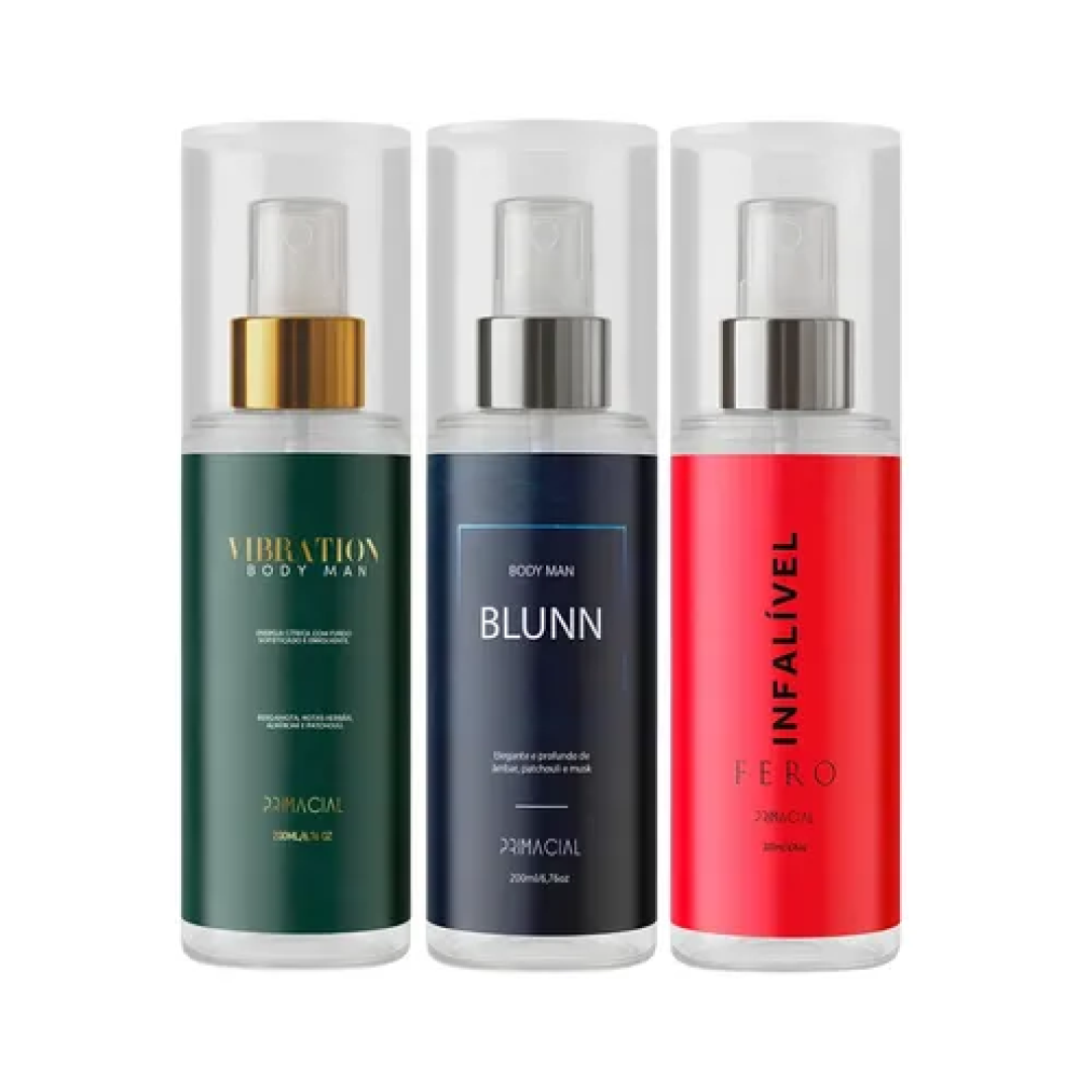 Kit 3 Body Splash Masculino Vibration + Blunn + Infalível Fero By Primacial Body Man