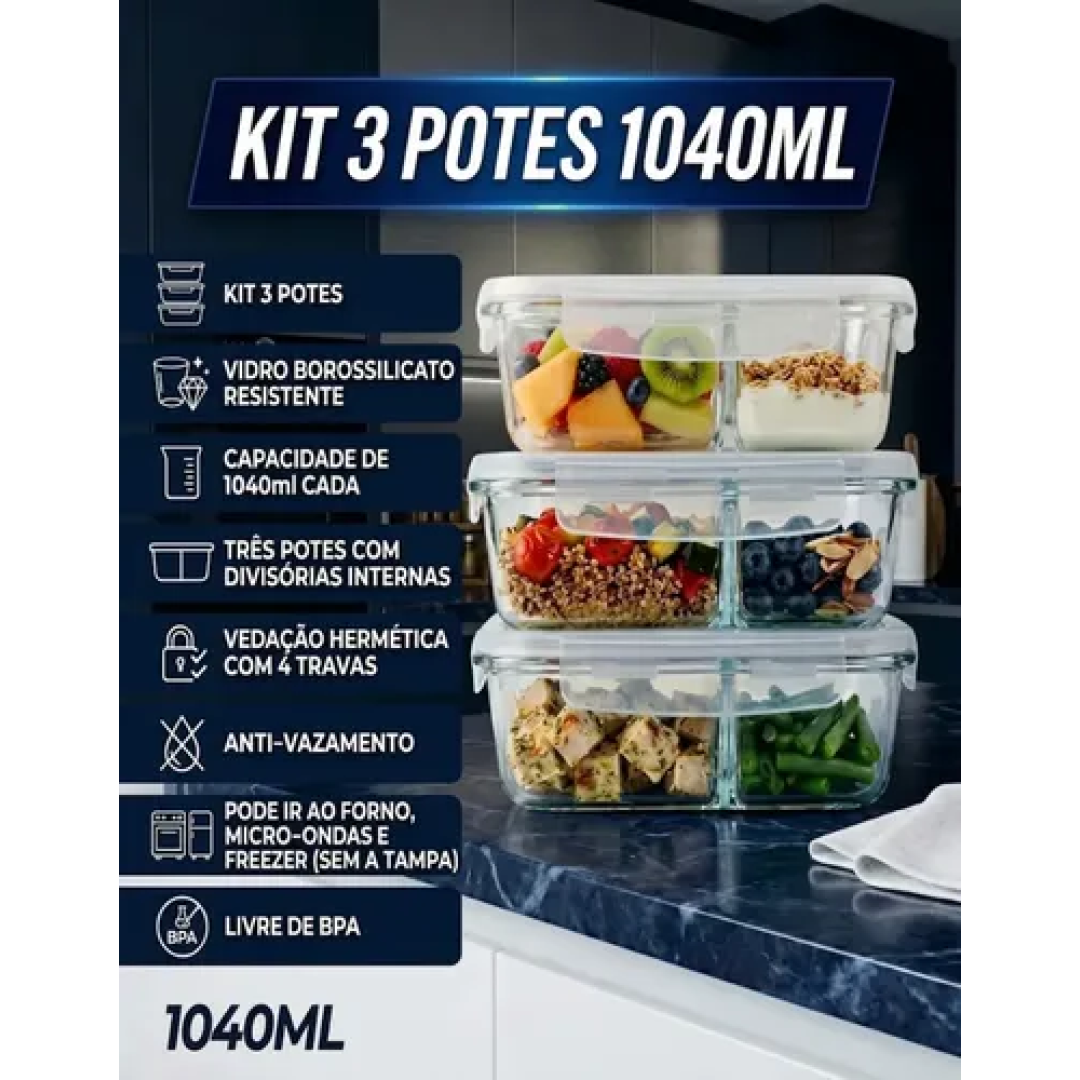 Kit com 3 Potes Hermético 1040ml com Divisória