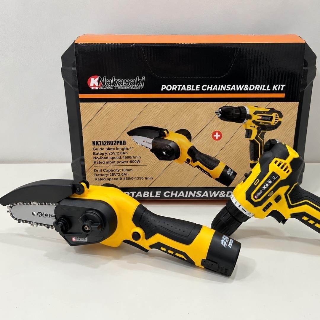 Kit Parafusadeira + Mini Motosserra com 2 Baterias e Maleta Nakasaki