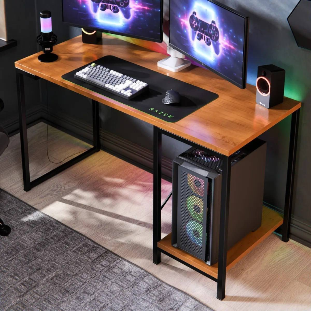 Escrivaninha Gamer Industrial Maxído Brasil para Computador e Estudos, Com Prateleira e Suporte de CPU, Preta e Canela