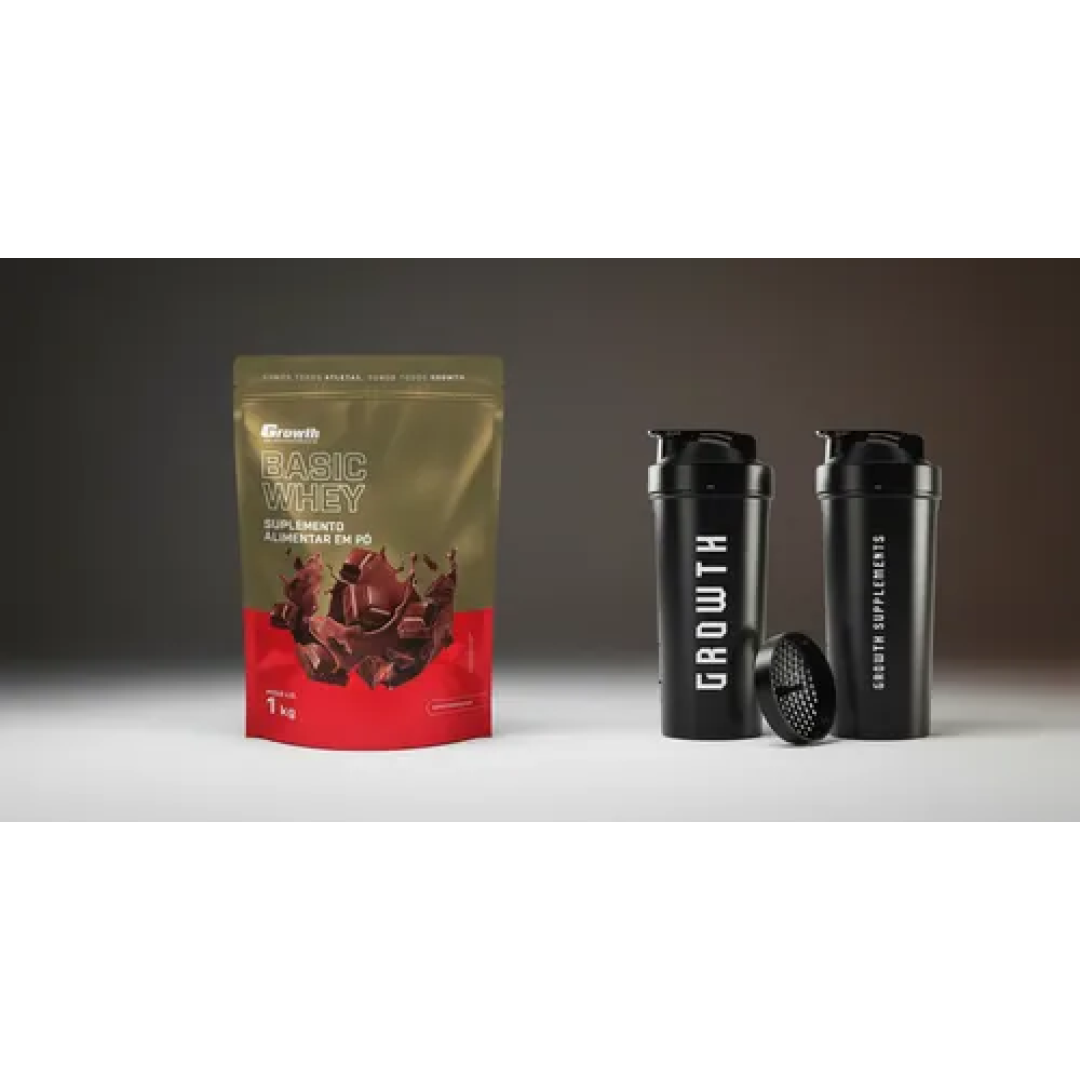 Kit Growth Whey Protein Basic Chocolate 1kg + ⁠Coqueteleira Shaker 600ml