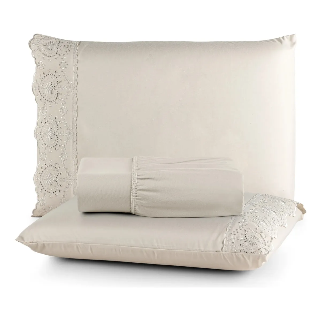 Jogo De Lençol Com Lese Queen 400 Fios 3 Peças Cama Toque Macio Luxo Cor Caqui Texfine