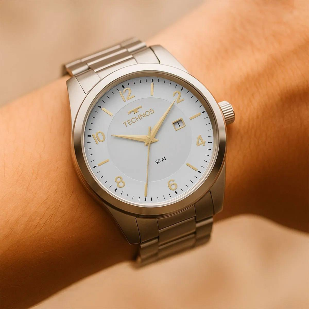 Relógio Technos Masculino Steel Prata Quartz Aço Inox Com Calendário Prateado Branco
