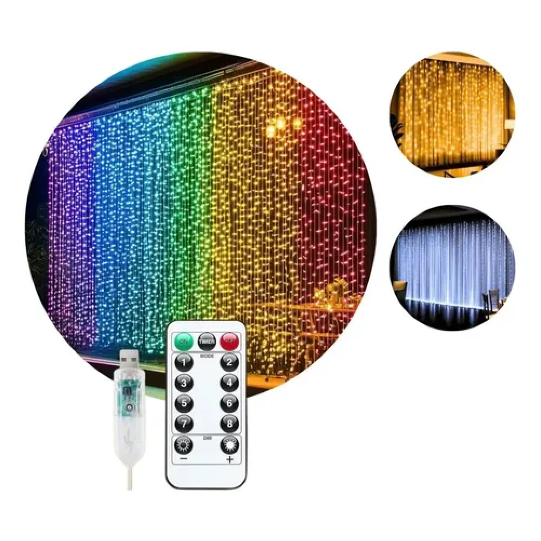 Pisca Cortina 300 Leds 3x3m 8 Modos Iluminação
