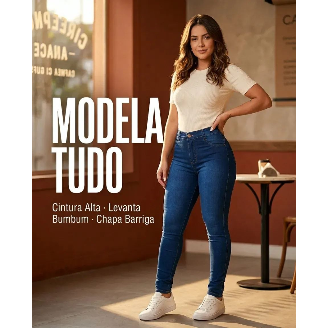 Calça Jeans Feminina Cintura Alta Skinny Levanta Bumbum Lavagem Escura Lisa 46