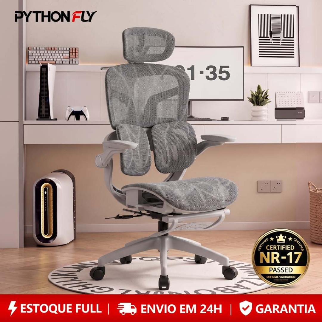 Cadeira Python Fly Ergonômica com Encosto 4D e Coluna S Mesh Respirável, 3 Posições, Ajuste de Altura, Ideal para Home Office