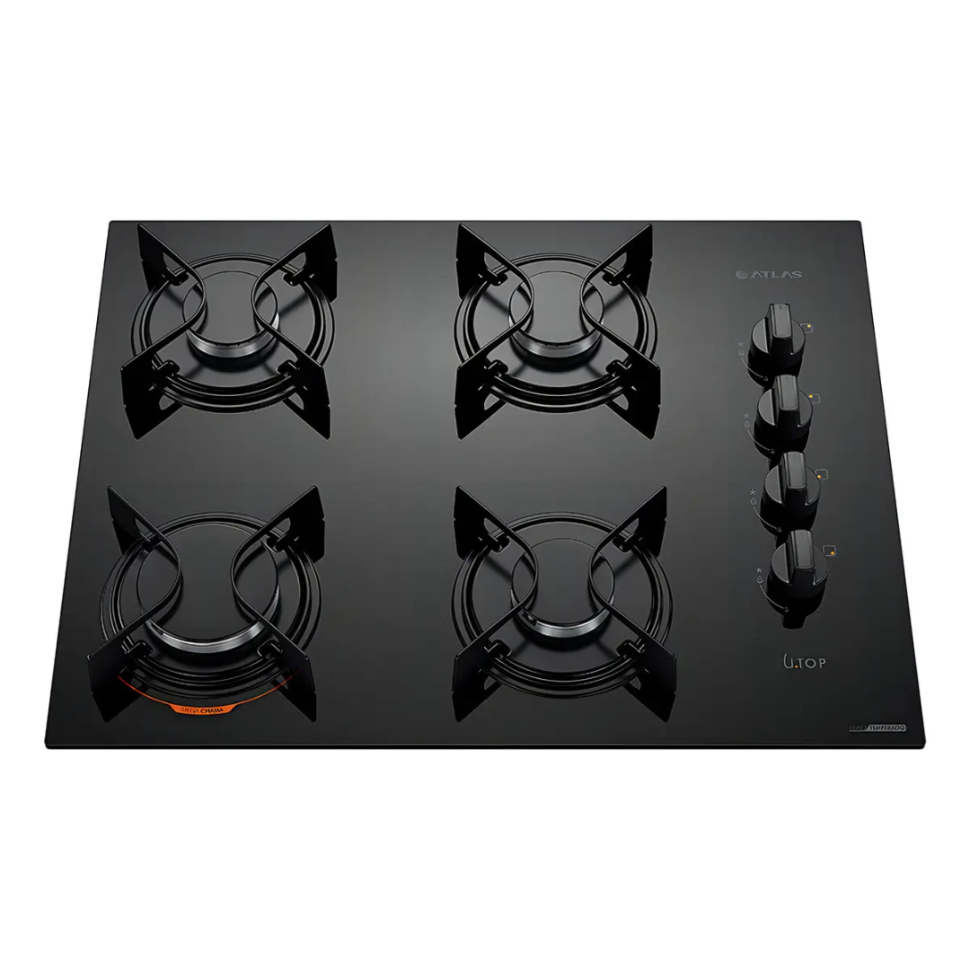 Cooktop 4 Bocas Atlas Preto Com Mesa De Vidro U Top Bivolt 110V/220V