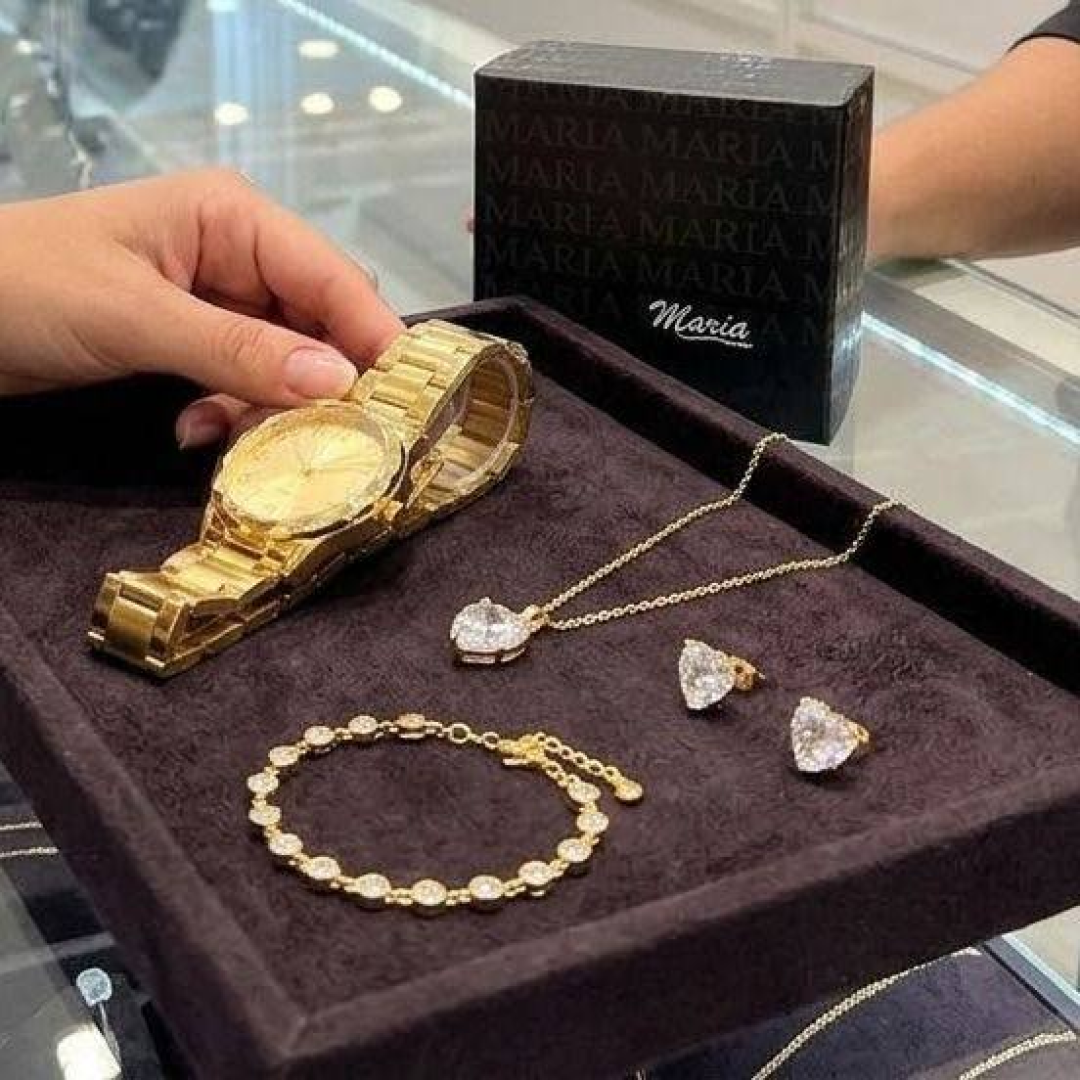 Relógio Feminino Aco Inox Banhado + Colar + Pulseira Dourado