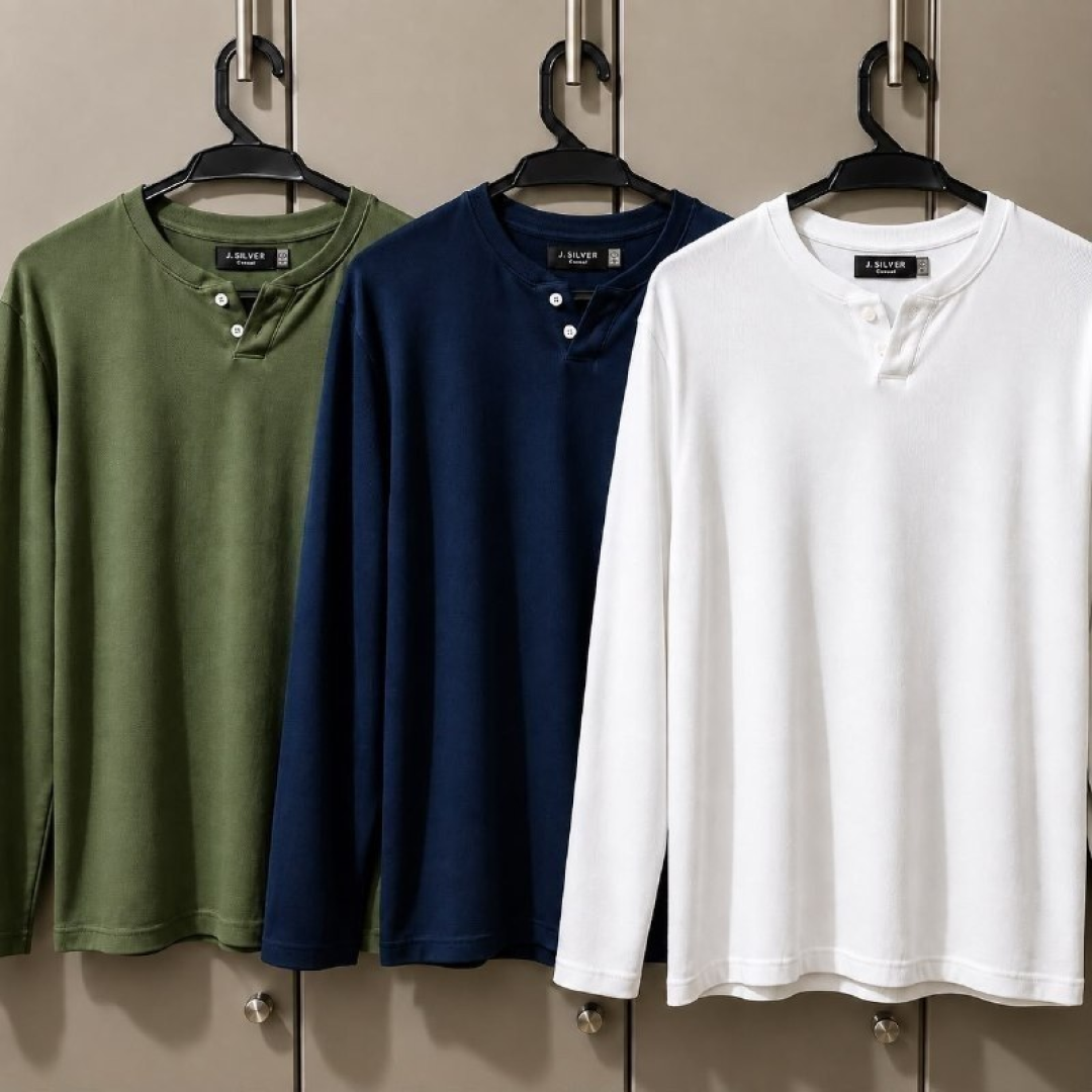 Kit com 3 Camiseta Henley Slim 2 Botões Manga Longa