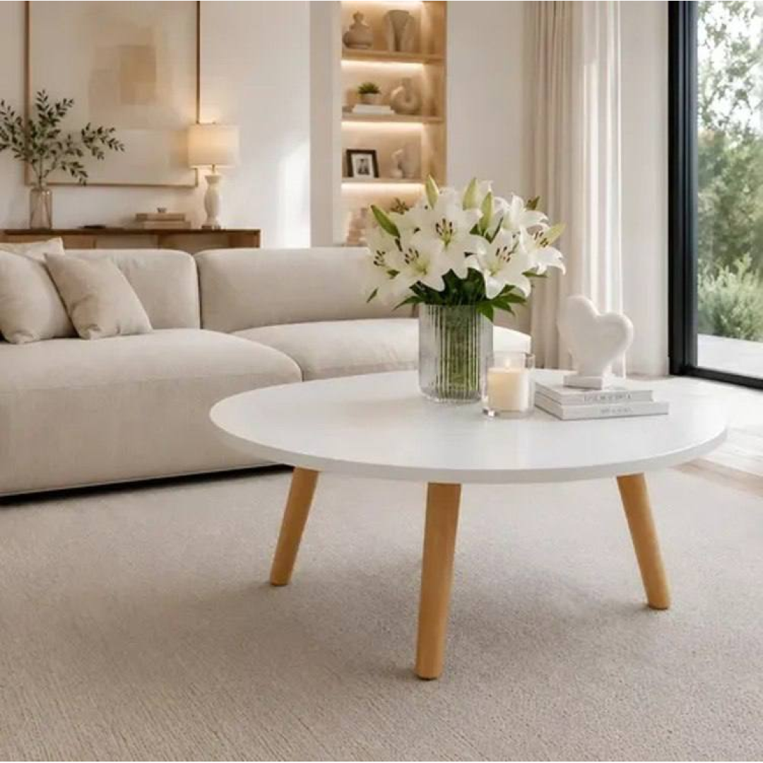 Mesa De Centro Redonda Compacta Branca Mdf Pés De Pinus Branco