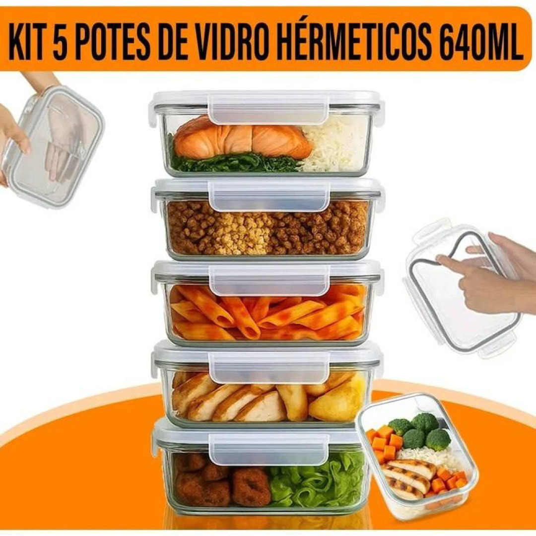 Yab - Kit 5 Potes De Vidro Marmita C/ Tampa Hermético 640ml Retangular 4 Travas Borossilicato