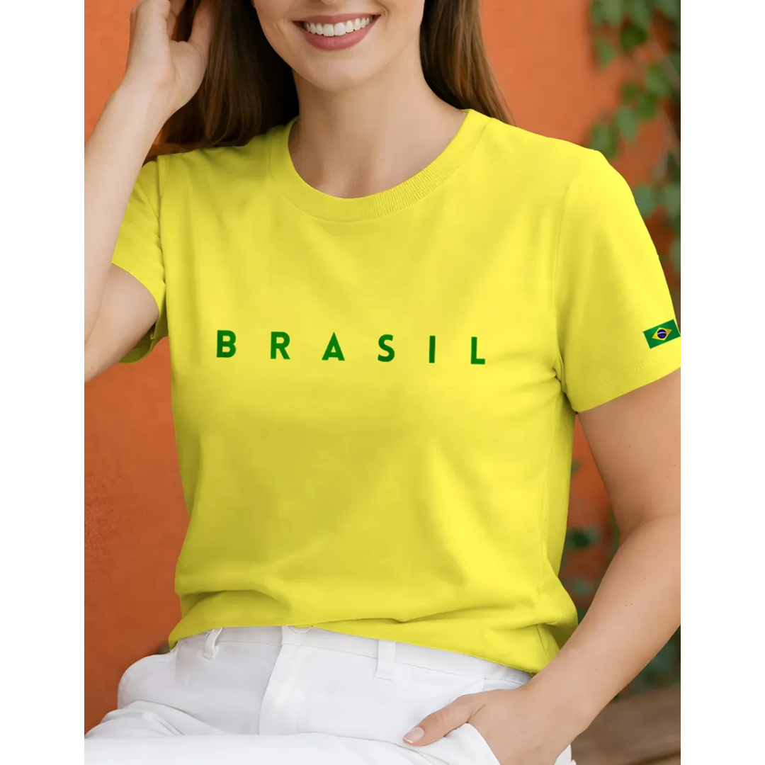 Camisa Feminina Básica Brasil Bandeira Copa Casual Algodão