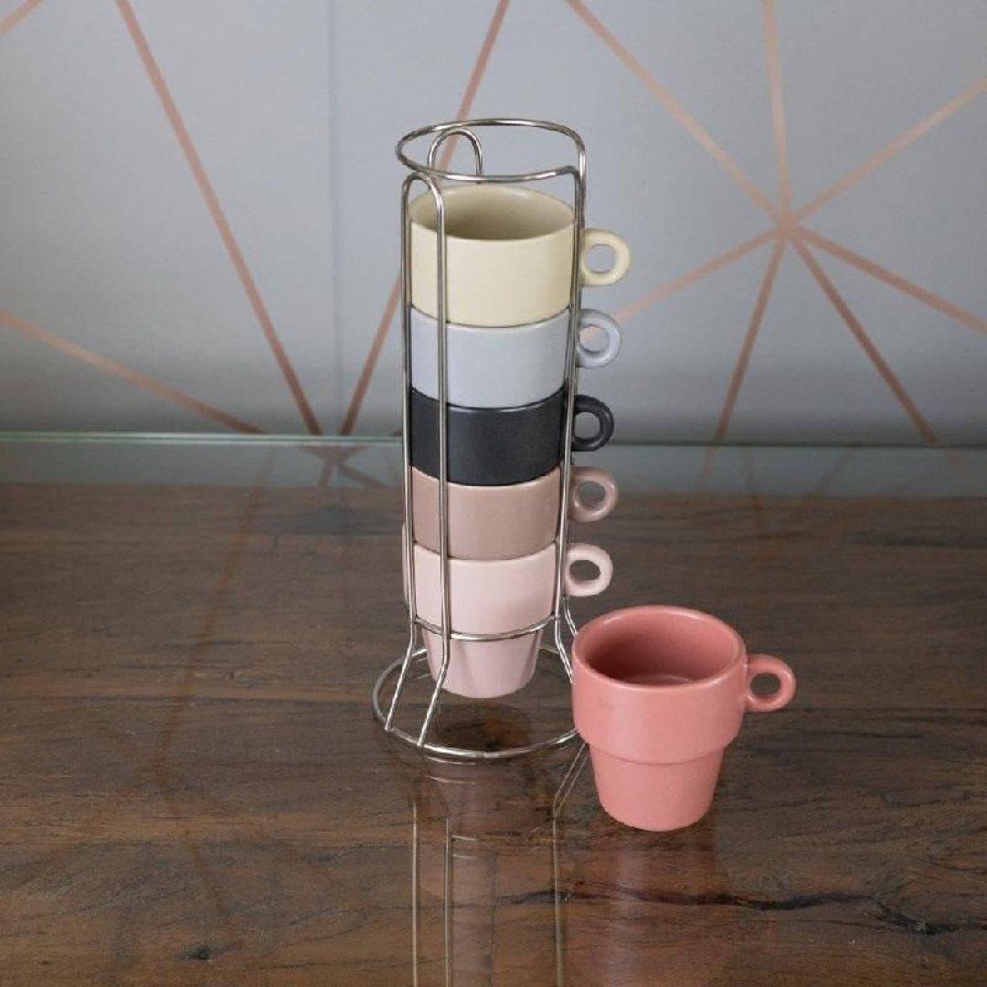 WOLFF - Conjunto 6 Xícaras de Café Empilháveis de Cerâmica com Suporte Coloridas 90ml