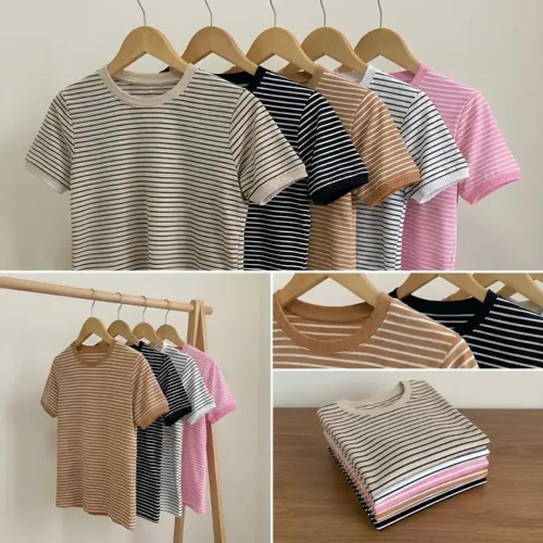 Blusa Listrada Feminina Básica T Shirt Manga Curta Algodão