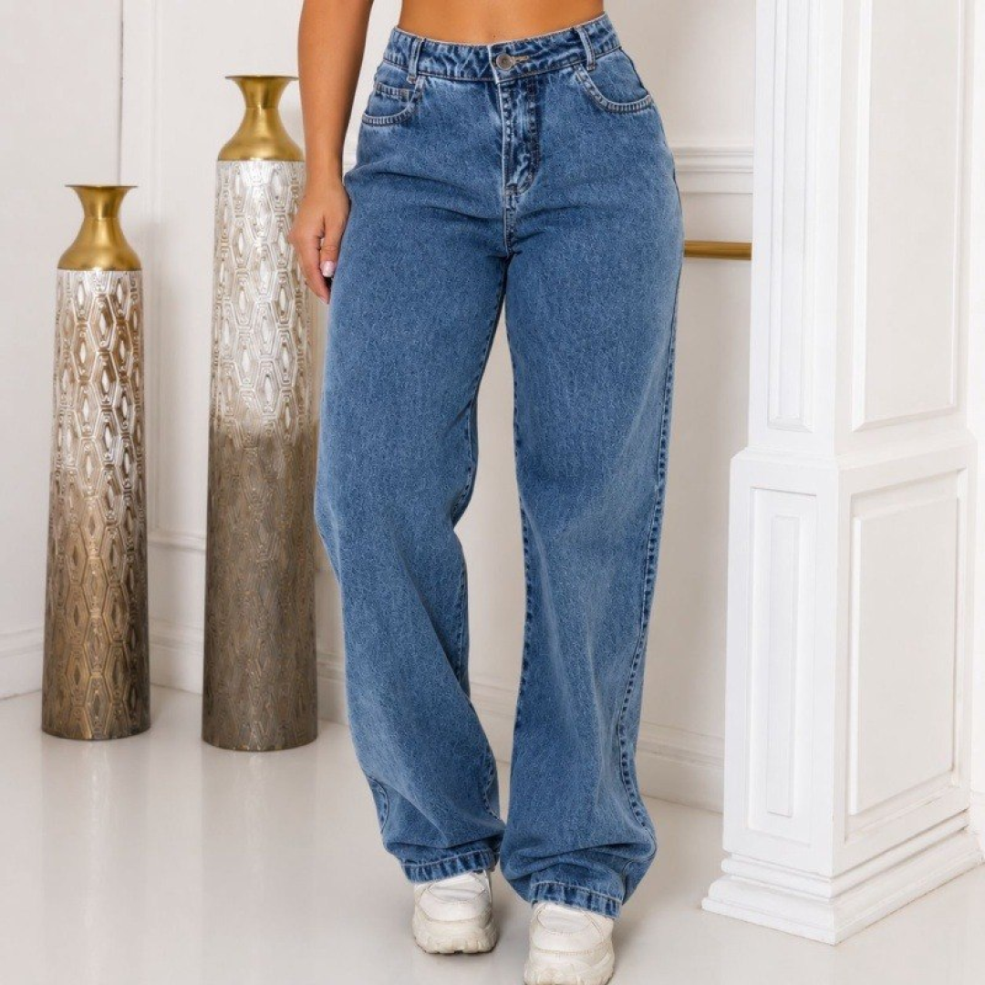 Calça Jeans Wide Leg Lycra Cintura Alta