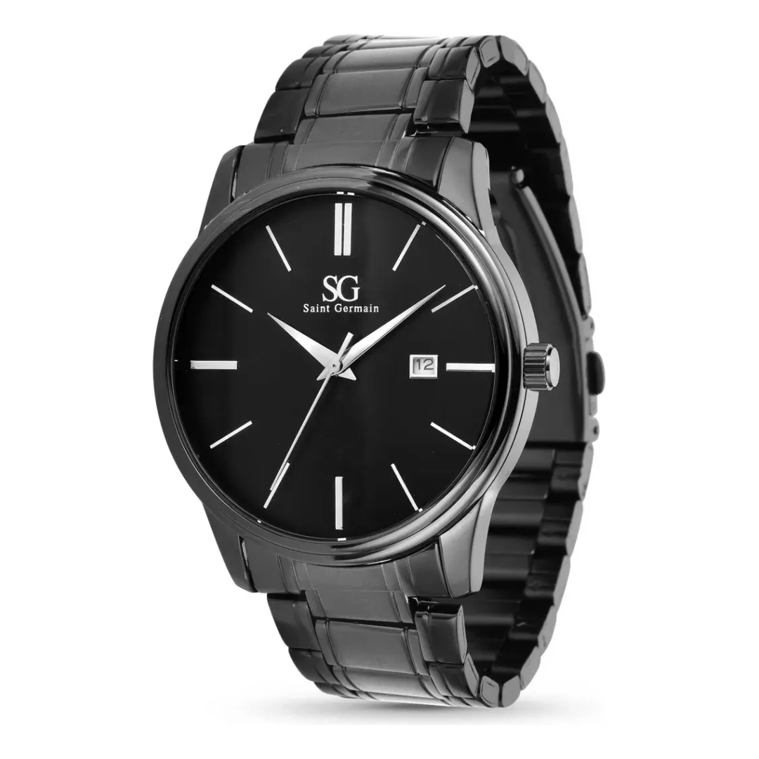 Relógio Chroma Masculino Preto Saint Germain Clássico Caixa Preta Detalhes Prata 42mm