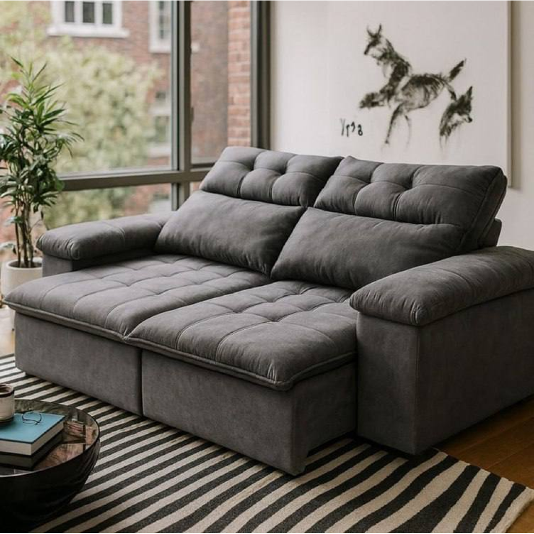 Sofá Retrátil Reclinável King House Verona 2,00m Velut Cinza C/ Molas
