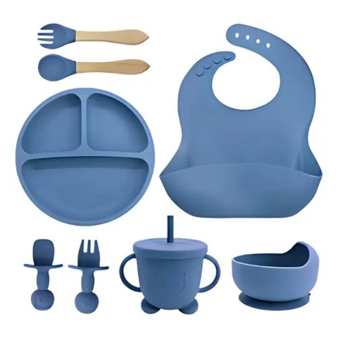 Kit Alimentação Bebê Silicone para Refeição de 8 Peças Azul-Escuro