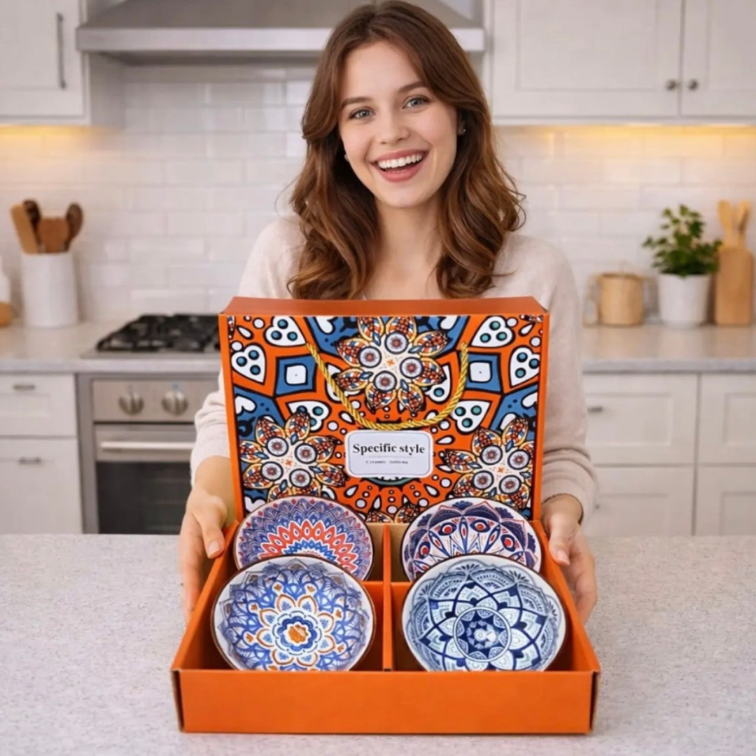 Kit 4 Bowl Cerâmica Decorada Porcelana Tigela Cumbuca Branco