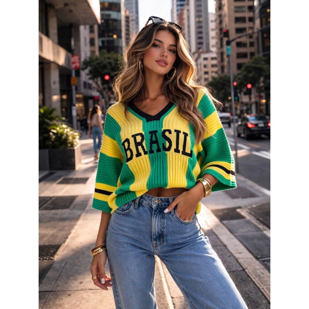 Blusa do Brasil Feminina Tricot Estilosa Elegante Tendência Copa Tricô