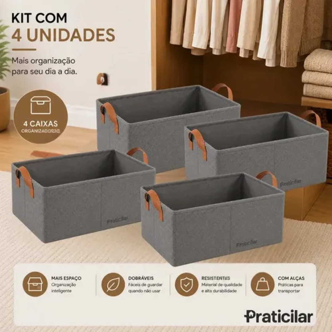 Kit com 4 Caixas Organizadora De Guarda Roupa Cesto Gaveta Dobrável