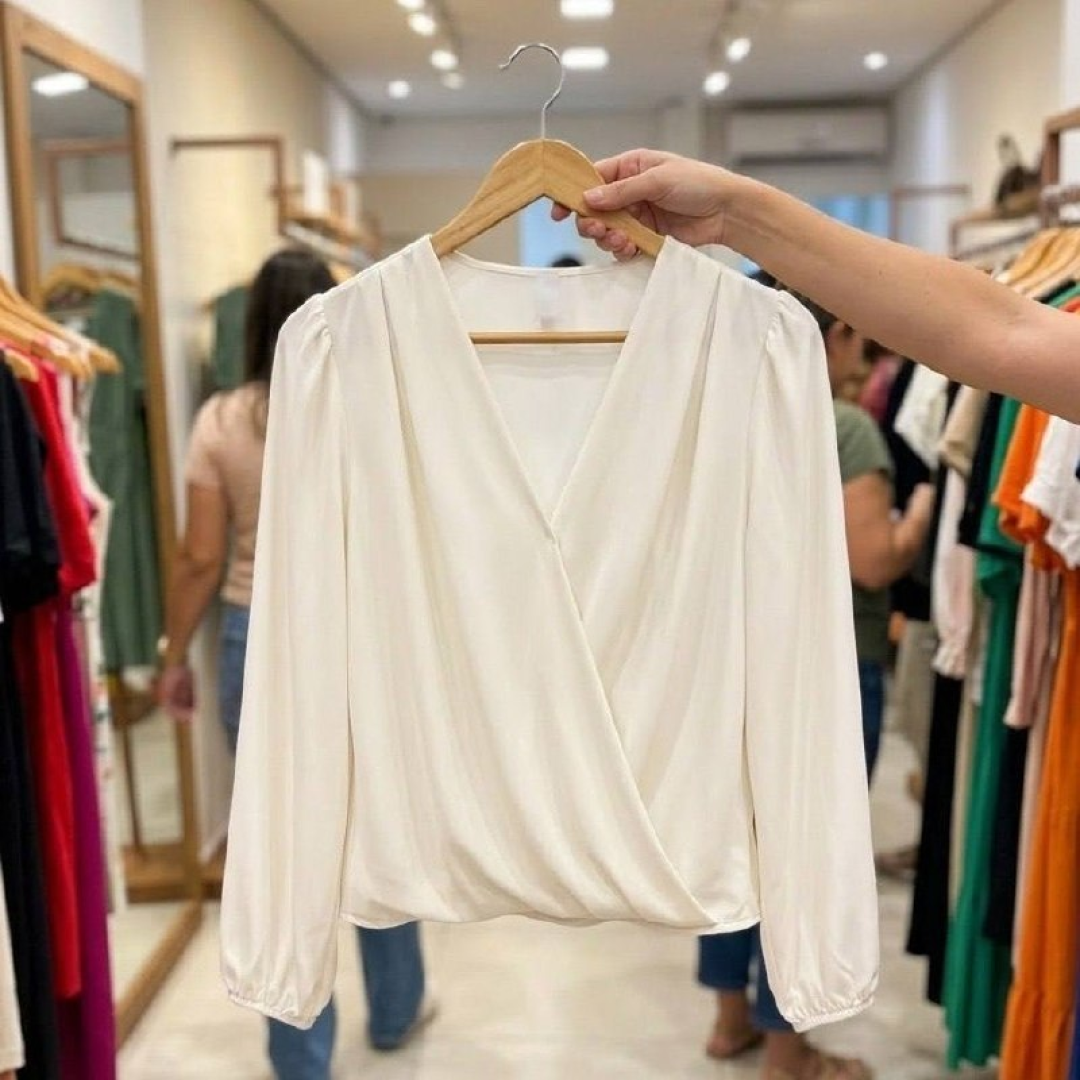Camisa Cropped Duna Blusa Transpassada Manga Longa Dia A Dia
