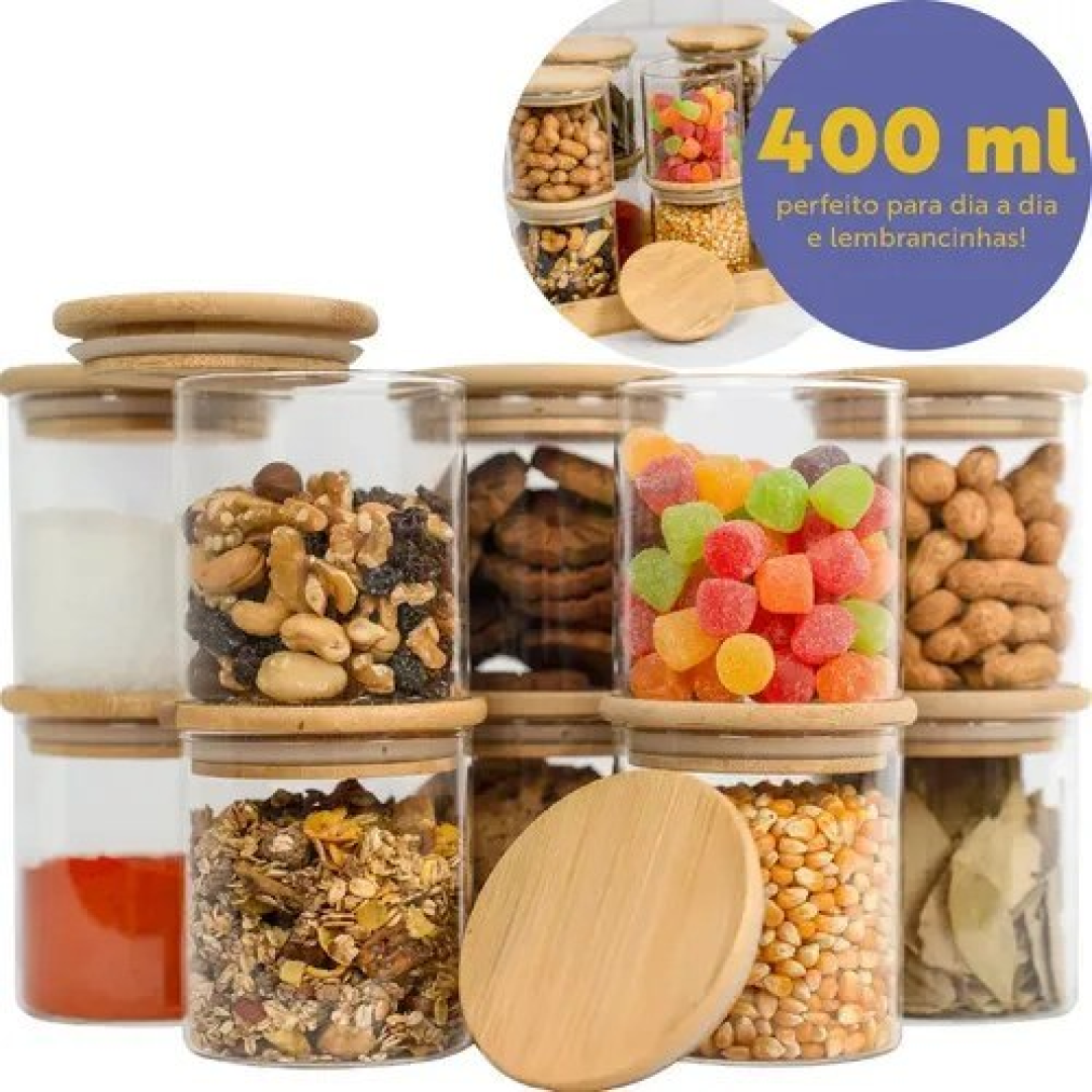 Kit 10 Pote Vidro Hermético Tampa De Bambu 400ml Cozinha Transparente