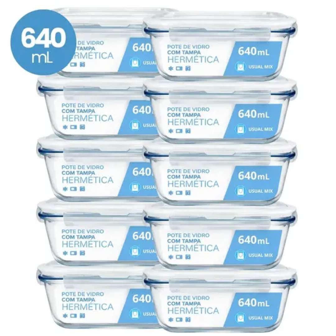Kit com 10 Potes de Vidro Hermético 640ml