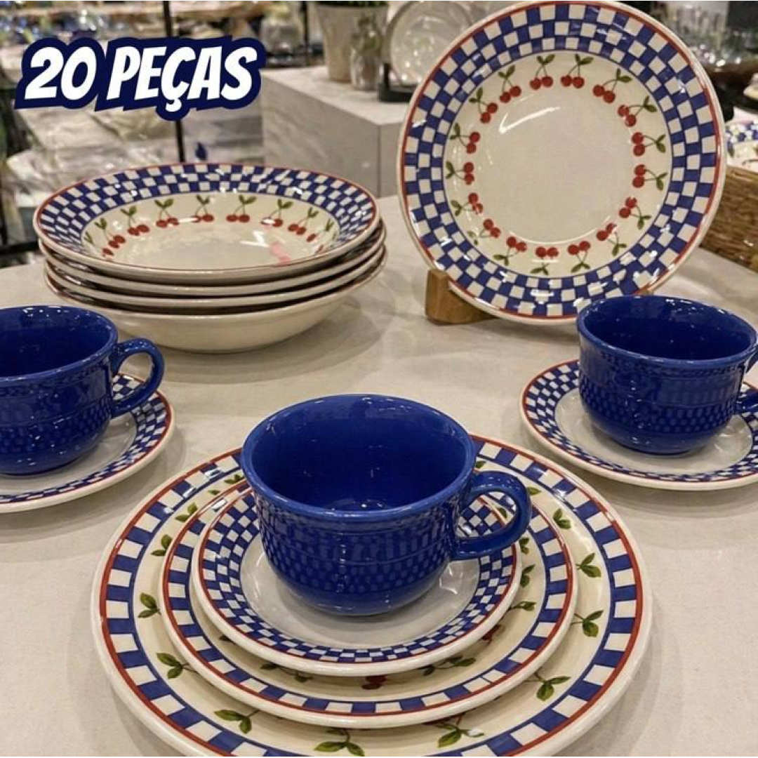 Aparelho De Jantar Cerâmica Biona Donna Jardim De Cerejas 20 Peças Branco Azul E Vermelho