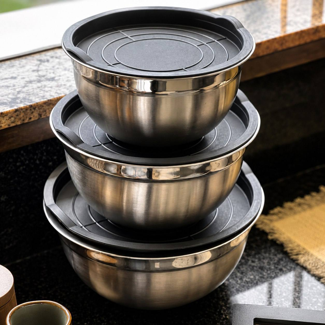 Vittak Conjunto 3 Bowls de Inox com Tampas Plásticas Utensílios de Cozinha Tamanhos Variados