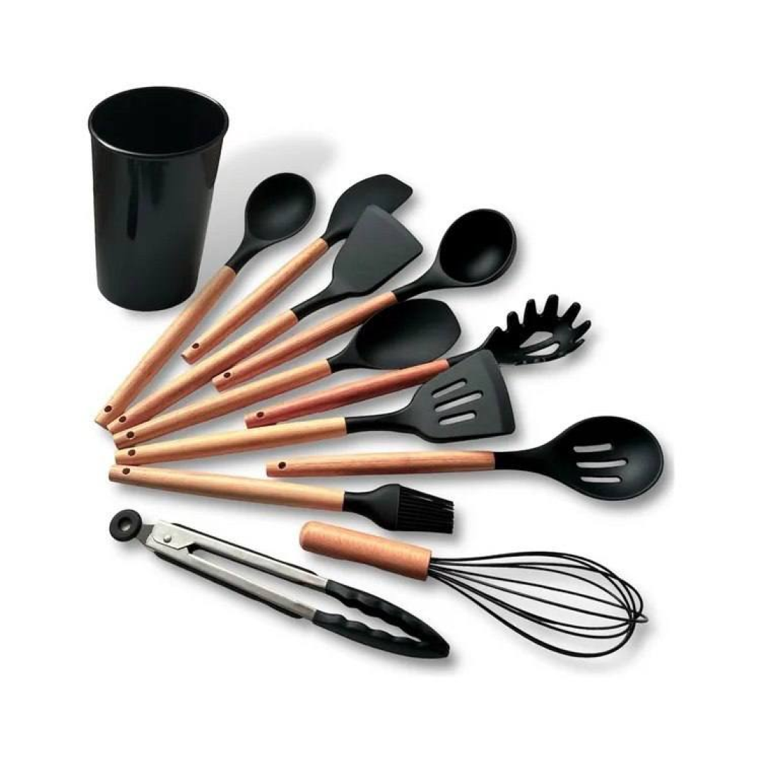 Kit C/12 Utensílios De Cozinha Silicone Cabo Madeira