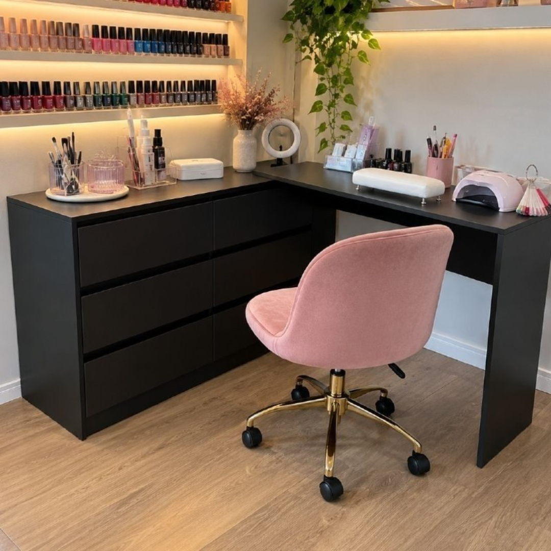 Mesa de Manicure Profissional de Canto em L com 6 Gavetas MP6068