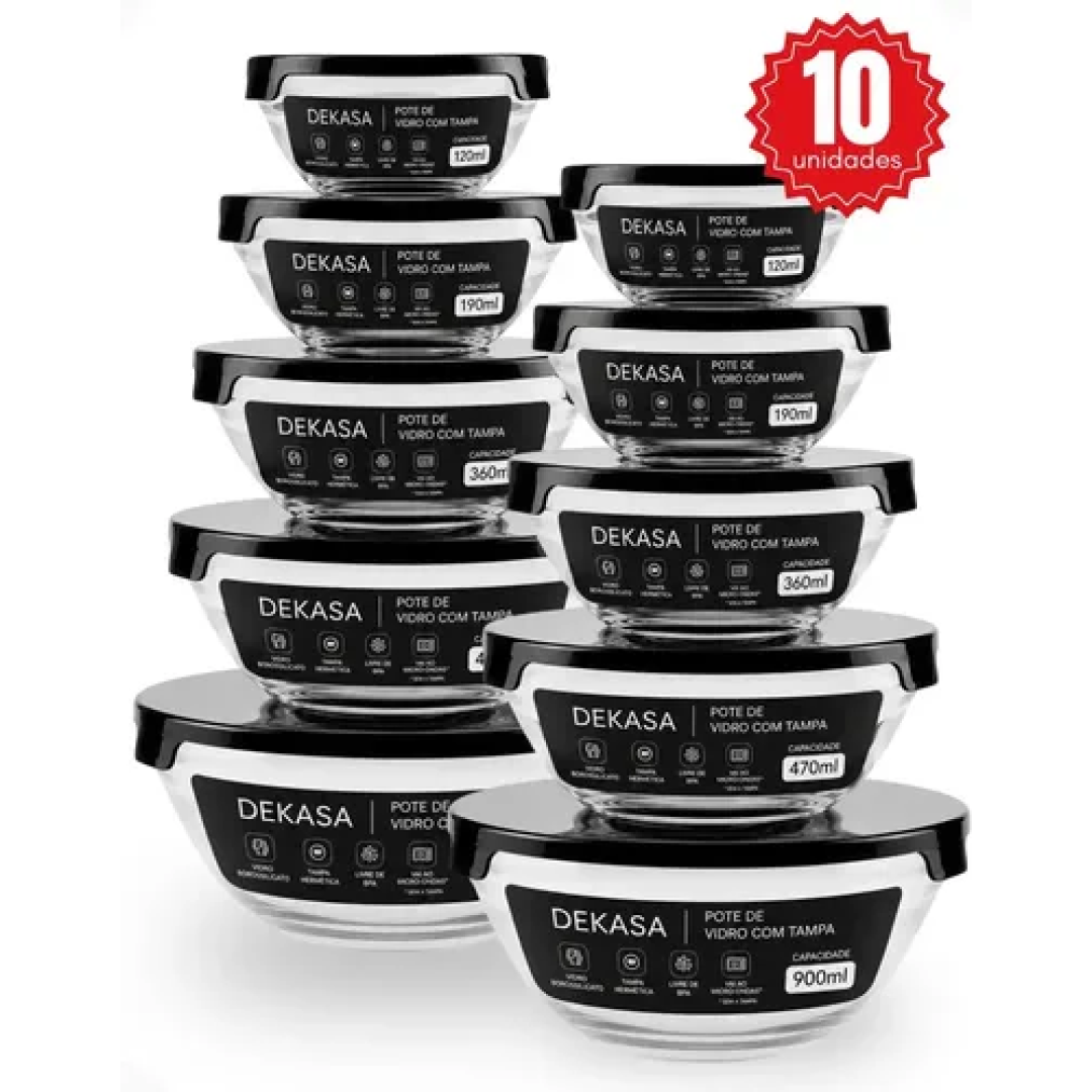 Kit com 10 Potes De Vidro Hermético Com Tampa Redondo