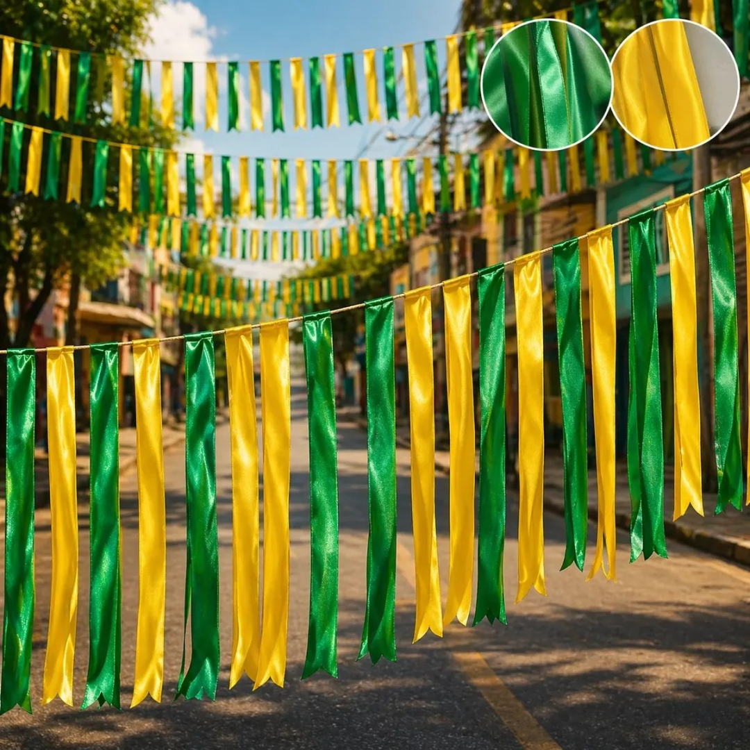 Kit 100m Varal Fitinhas Metalizada Verde Amarelo Copa Brasil 100 Metros Bandeirinha Metalizada Verde E Amarelo