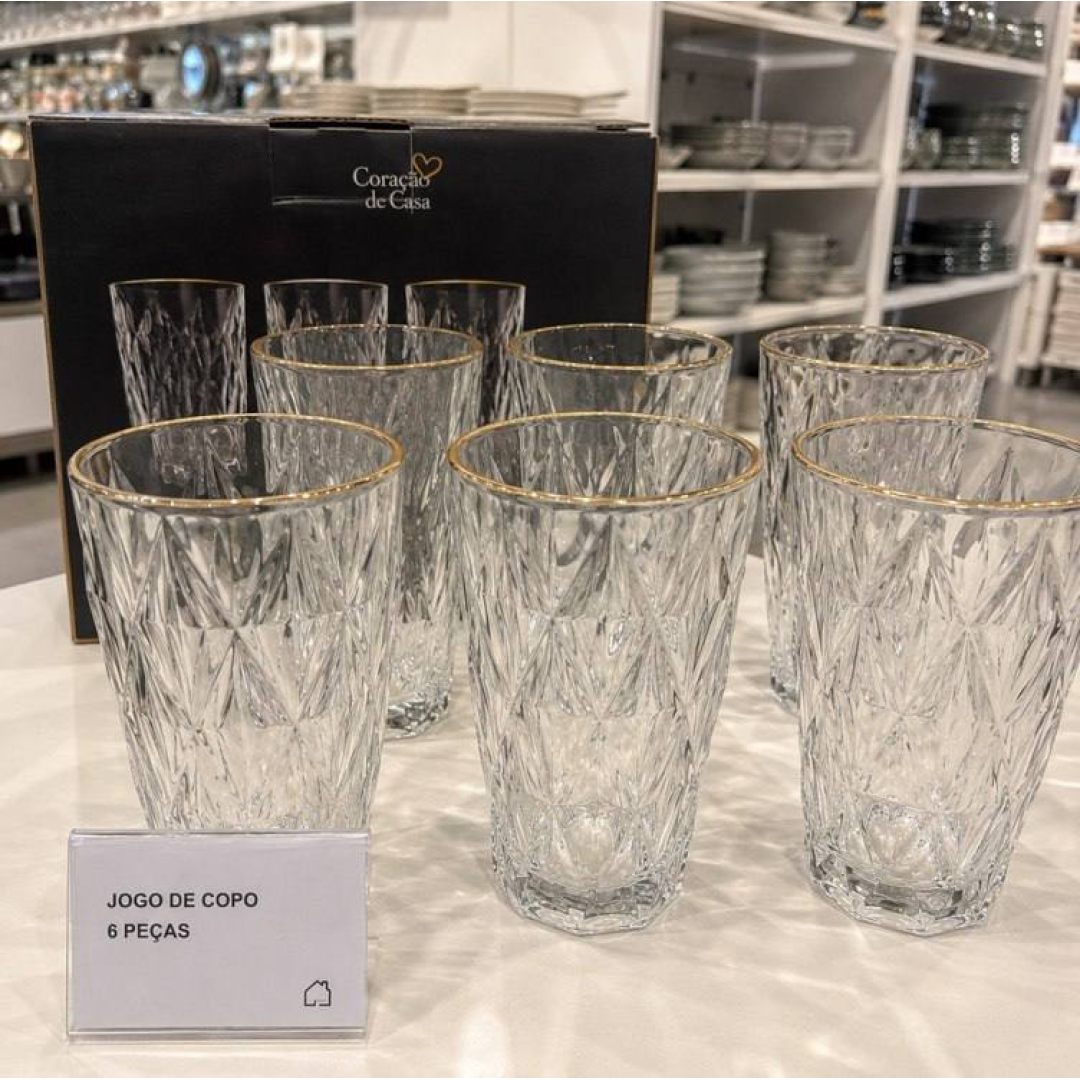 Jogo 6 Copos Altos Vidro 350ml Diamond Clear Borda Dourada Ke Home