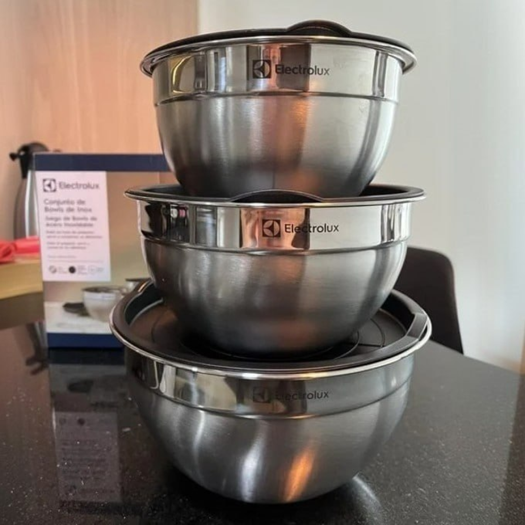 Conjunto com 3 Bowls Tigelas De Inox Com Tampa Plástica Electrolux