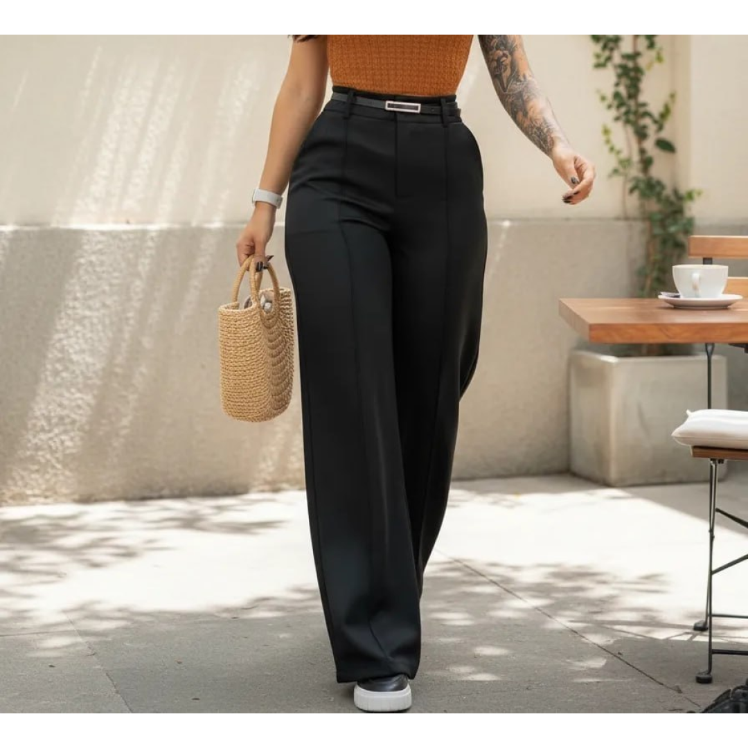 Calça Feminina Pantalona Alfaiataria Cintura Alta Com Cinto